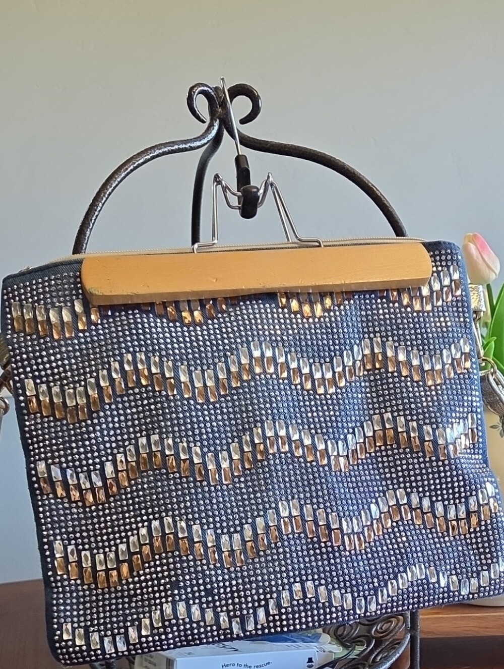 Navy Shoulder Bag with Gold Wave Accents